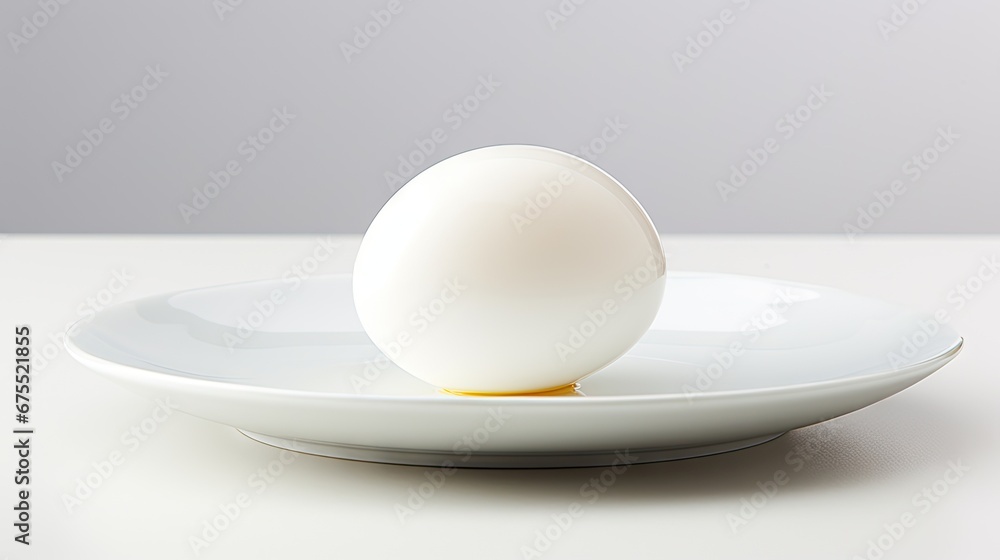 an egg sitting on a white plate on a white tablecloth with a gray wall in the backround. generative ai an egg sitting on a white plate on a white tablecloth with a gray wall in the backround. generative ai