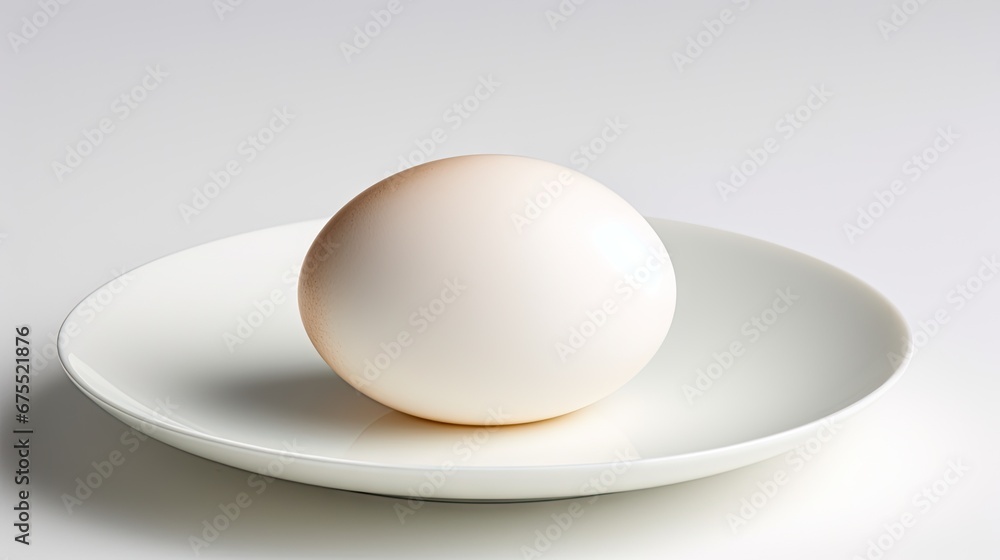 an egg sitting on a white plate on a white tablecloth with a shadow of the egg on the plate. generative ai an egg sitting on a white plate on a white tablecloth with a shadow of the egg on the plate. generative ai