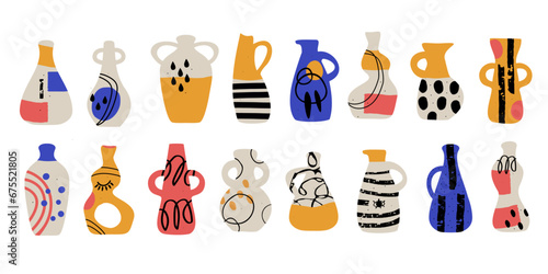 Set of different vases. Porcelain trendy colored vases with design elements. Collection of modern flat vector illustrations isolated.