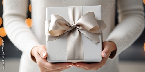 Woman hands holding a luxury white silver gift box with bow against a festive background, Xmas and New Year postcard design. Black Friday sales, Birthday celebration party concept photo