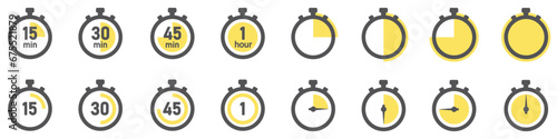 Set of Timer icons . Stopwatch symbol, quick time, countdown timer, speed measurements. Vector.