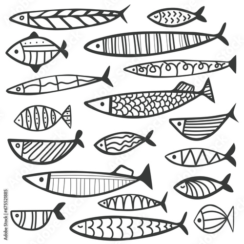 Collection of vector hand drawn cute fishes in flat style. Fishes body vector icons big set. Vector illustration for print, icon, card, label. Aquarium.