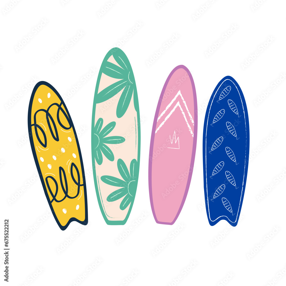 Set of surf boards, Surfing Sport, Surf Boards by Ocean Waves. Summer Activity, Lifestyle. Cartoon Vector Illustration. Set of surf boards, Surfing Sport, Surf Boards by Ocean Waves. Summer Activity, Lifestyle. Cartoon Vector Illustration.
