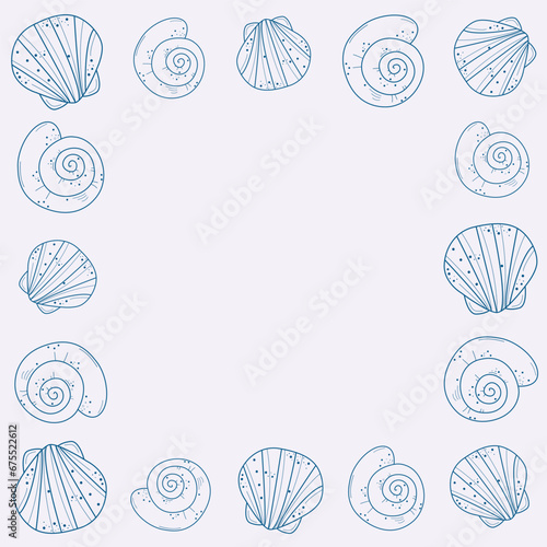 Seashells, mollusks vector graphic sketch handdraw frame 