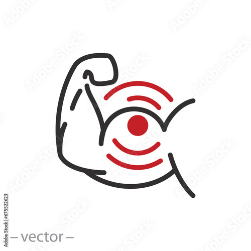 muscle pain icon, spasm of smooth muscles, arm strong, thin line symbol on white background - vector illustration