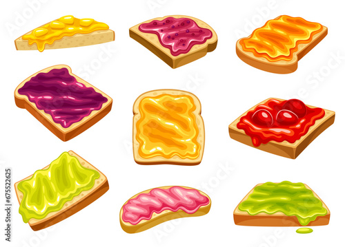 Jam toasts. Bread toast with berries jams or melting marmalade and honey, sugar apricot jelly breakfast dessert fruit pink topping, cartoon neoteric vector illustration