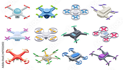 Isometric quadcopters. Different drones for delivery survey, uav surveillance unmanned helicopter with video camera remote control, house flying copter, neoteric vector illustration