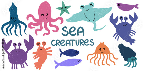 Underwater world  sea creatures Vector cute illustration ocean or sea with octopus  jellyfish  various fish  starfish  crab  shrimp. Drawings for banner  card  postcard