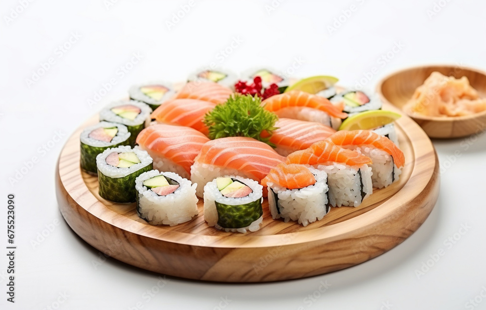 sushi on a wooden round plate on a white wooden table sushi on a wooden round plate on a white wooden table