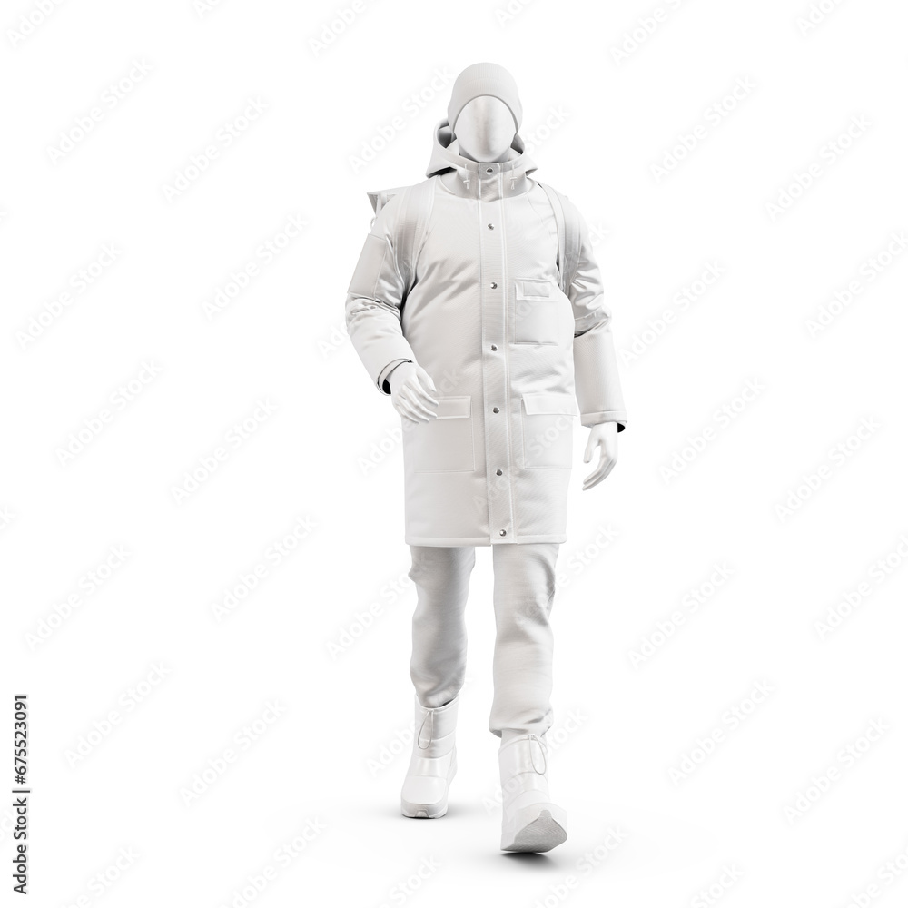 a mannequin Walking Deliveryman with Winter clothing isolated on a white background a mannequin Walking Deliveryman with Winter clothing isolated on a white background