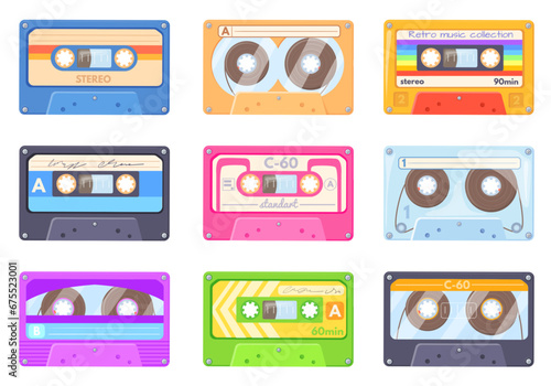 Cartoon stereo cassettes. Analogue tape cartridge compact vintage music player, old school record mixtape stereo technology, colorful audiocassette design, neat vector illustration