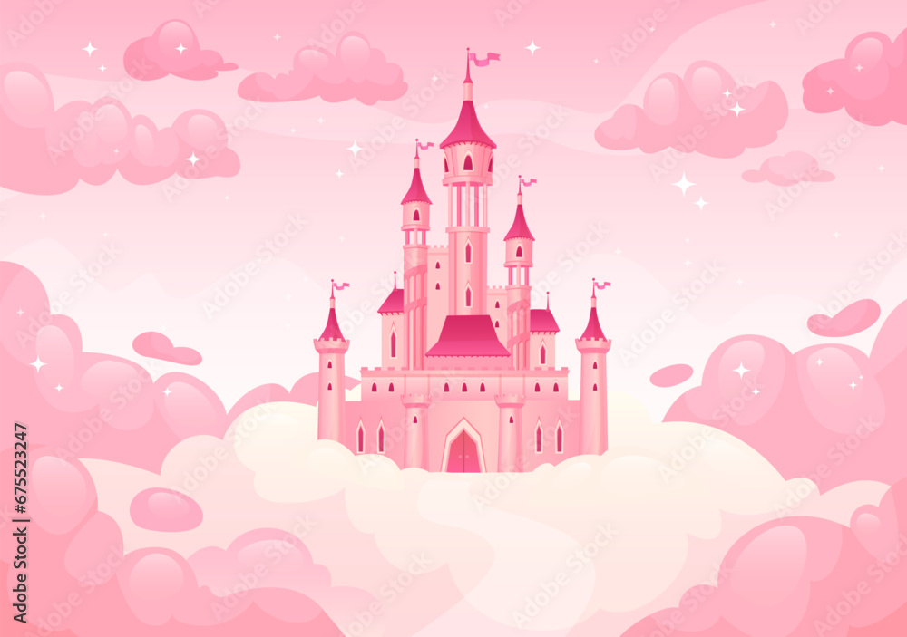 Cartoon castle in clouds. Heavenly castles princesses pink cloud sky, princess home magic kingdom landscape dream house flying heaven, game background ingenious vector illustration
