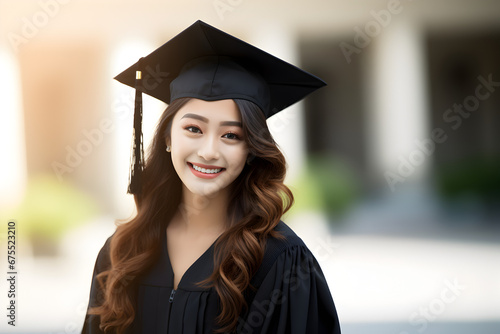 Asian woman in her twenties on her college graduation day, wearing the graduation cap and gown