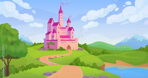 Fairytale castle landscape. Fantasy medieval palace mountain valley road, ancient fairy kingdom game background old mansion with princess tower, tale ingenious vector illustration