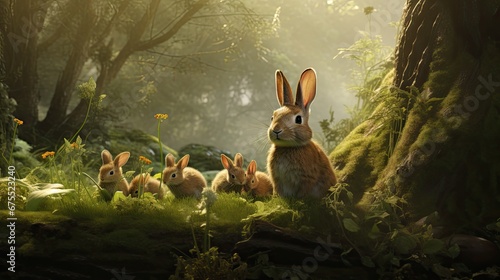  a group of rabbits sitting in the grass in front of a group of trees in the middle of a forest. generative ai