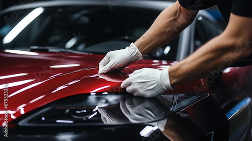 Car polishing. Close-up of male hands in gloves polishing red car.  © korkut82