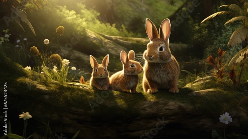  a group of rabbits sitting on top of a lush green forest next to a forest filled with lots of trees. generative ai