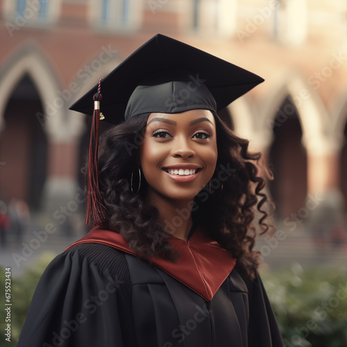 Portrait of a black woman, wearing a graduation cap and gown, smiling, standing in front of a university building