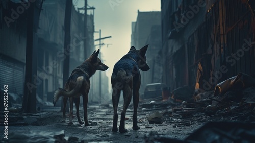 A lone, emaciated stray dog searching for food in a desolate, garbage-strewn urban alley