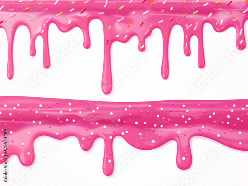 Realistic dripping glaze. Pink donut icing with colored sprinkles, sweet cream or drip drop melted candy doughnut frosting border 3d texture, yogurt syrup exact vector illustration