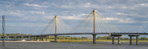 panorama of the Clark Bridge, a cable-stayed bridge across the Mississippi River between West Alton, Missouri and Alton, Illinois.