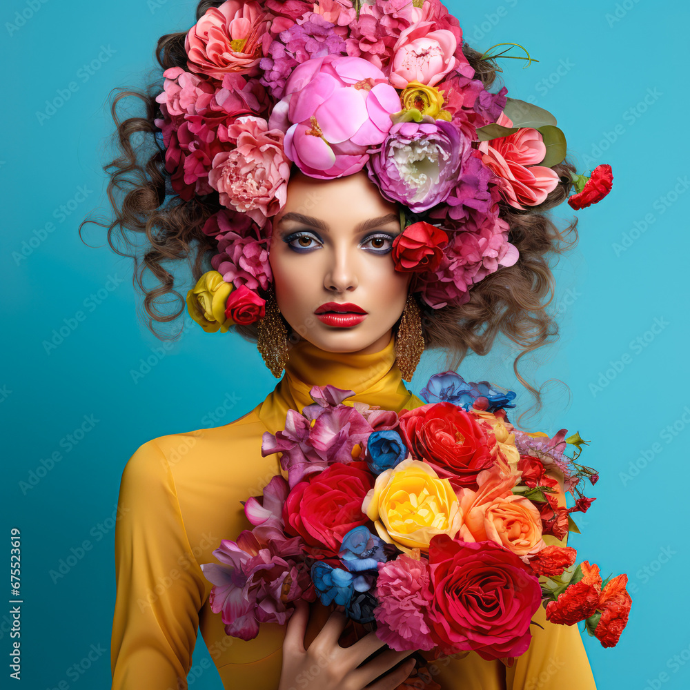 Floral spring concept of fresh spring vivid color flowers on the face and body of a young beautiful attractive girl. Abstract portrait.
