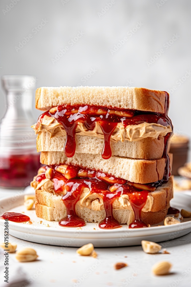 Peanut butter and jelly stacked sandwich isolated on white background. Generative Ai Peanut butter and jelly stacked sandwich isolated on white background. Generative Ai