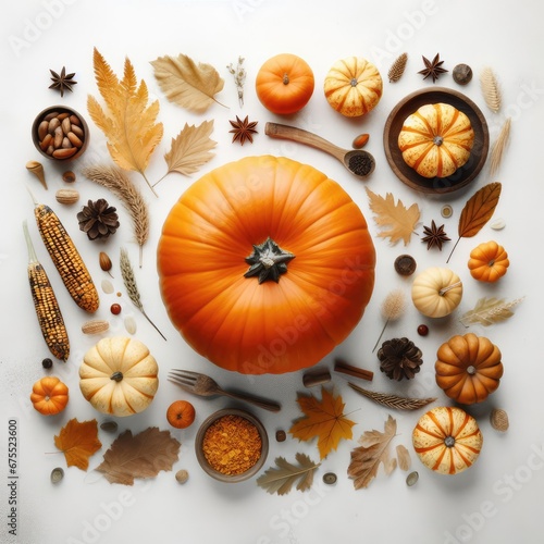 Concept of thanksgiving, harvest, autumn, fall, season. Top view. Pumpkins, leaves, and apples on a white background. 