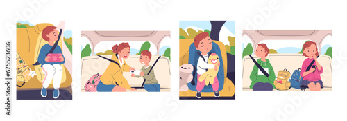 Kids inside car. Children siblings sitting in carseat or backseat with safety seatbelt, cartoon kid toddler son and daughter travel automobile transport, classy vector illustration