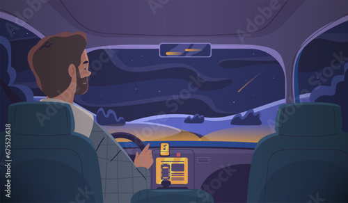 Night driving car. Roadtrip late evening travel, driver hands steering inside automobile windshield view on dark street road traffic or highway asphalt, classy vector illustration