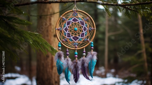 An ornate dream catcher with amethyst and turquoise stones amidst a backdrop of whispering pine trees.