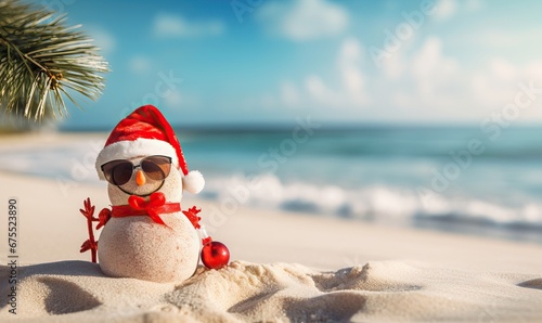 Smiling sandy snowman in red santa hat on the sea beach, x-mas travel design background, Christmas decoration, Happy New Year, holiday,vacation, love of the season, space for text photo