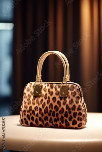 Fashionable handbag made of spotted fur on table