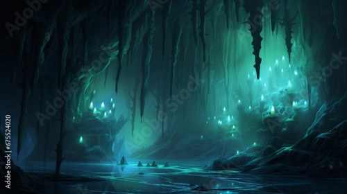 A bioluminescent dream catcher in a cave, casting a ghostly glow on stalactites and stalagmites around.