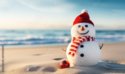 Smiling sandy snowman in red santa hat on the sea beach  x-mas travel design background  Christmas decoration  Happy New Year  holiday vacation  love of the season  space for text