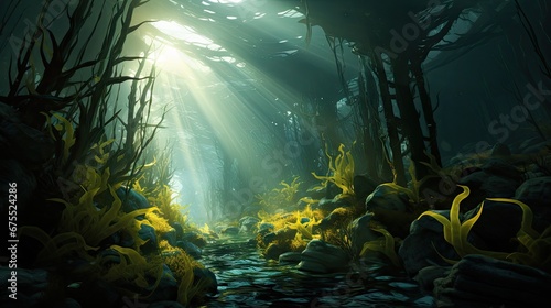  a painting of sunlight shining through the trees in a forest filled with rocks and plants, with a stream in the foreground.  generative ai © Anna