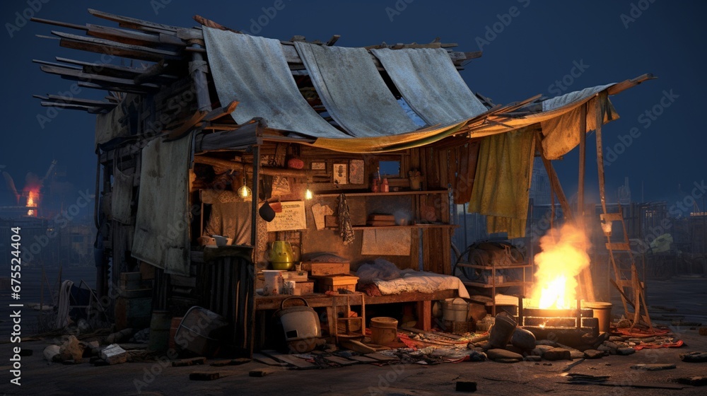 A small, makeshift shelter constructed from salvaged materials in a makeshift slum settlement