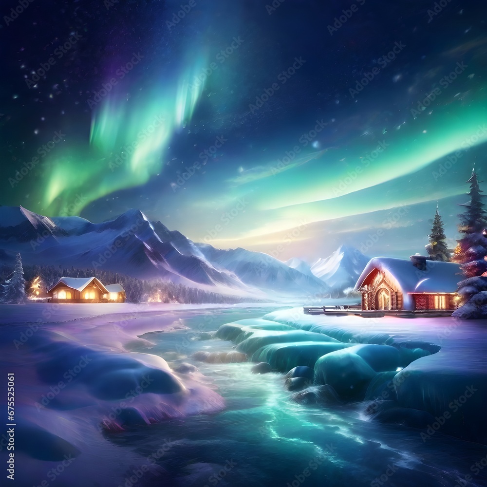 A breathtaking polar lights picture against a backdrop of pristine, snow-covered mountains, where nature's ethereal display meets the serene winter landscape, generative ai