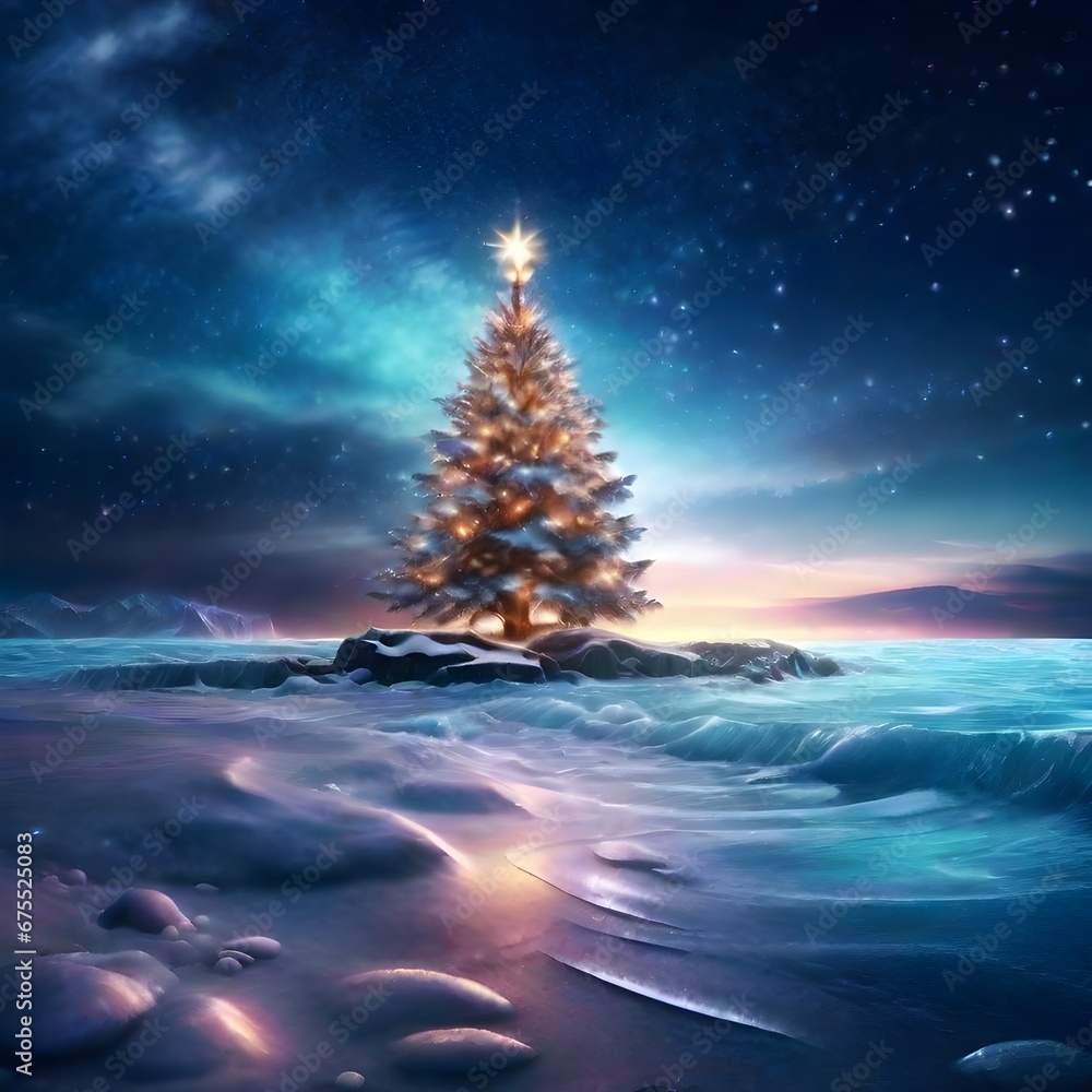 A polar lights picture illuminates snow-covered mountains, while a majestic Christmas tree in the foreground adds a touch of festive enchantment to the serene winter landscape, generative ai A polar lights picture illuminates snow-covered mountains, while a majestic Christmas tree in the foreground adds a touch of festive enchantment to the serene winter landscape, generative ai