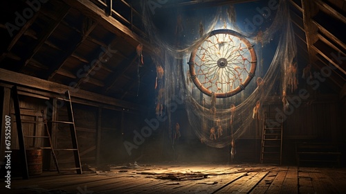 A dream catcher in a forgotten attic, dust motes dancing around its timeless form. photo