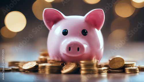 A pink piggy bank (in the shape of a pig) and coins