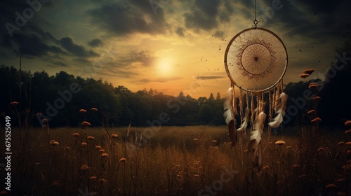 A dream catcher in a meadow, a silent sentinel amidst the chorus of crickets. photo