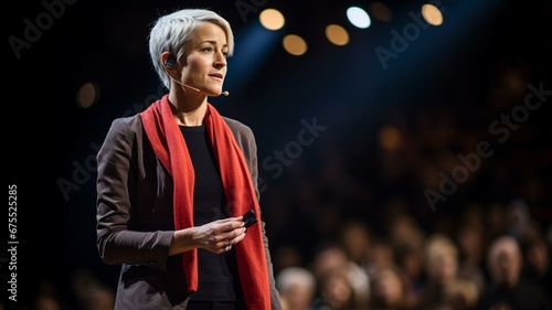 Woman speaking on stage to an audience © Karen