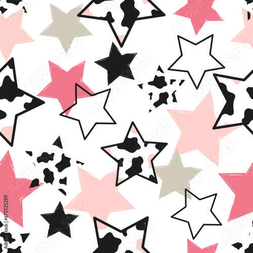 Stars pattern. Vector seamless background with pink and black stars and cow print