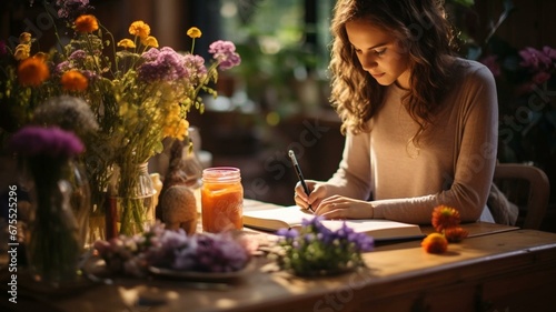 Woman writing in journal photo