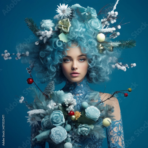 Abstract retro portrait of a woman with a decorated Christmas tree instead of hair. The concept of New Year's charms.