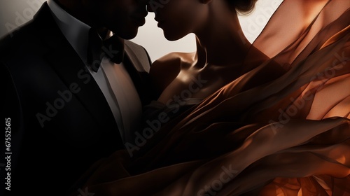 the silhouette of a couple in a dance, the woman's layered chiffon gown flowing around them