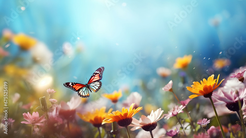 Spring beautiful background of butterflies and flowers, selective focus against blue sky. Copy space © Irina Sharnina