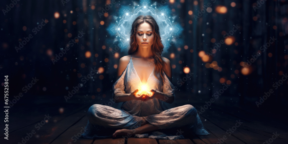 Meditating Woman Surrounded by Magic Lights Abstract Positive Energy. Copy Space Background Banner - obrazy, fototapety, plakaty 