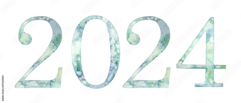 Watercolor hand drawn lettering isolated. Handwritten message vertical. Numbers date year 2024. Can be used as a print, for cards, banner or poster.